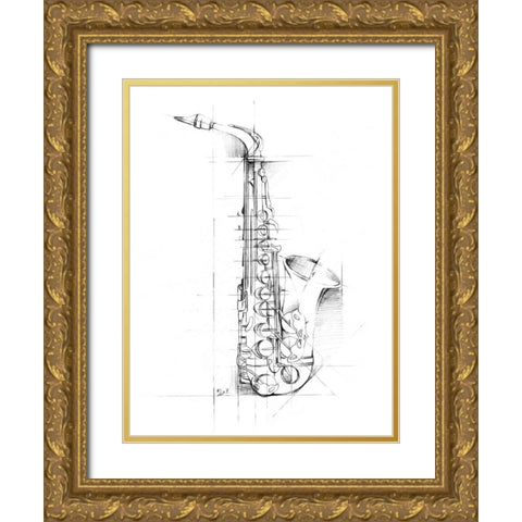 Saxophone Sketch Gold Ornate Wood Framed Art Print with Double Matting by Harper, Ethan