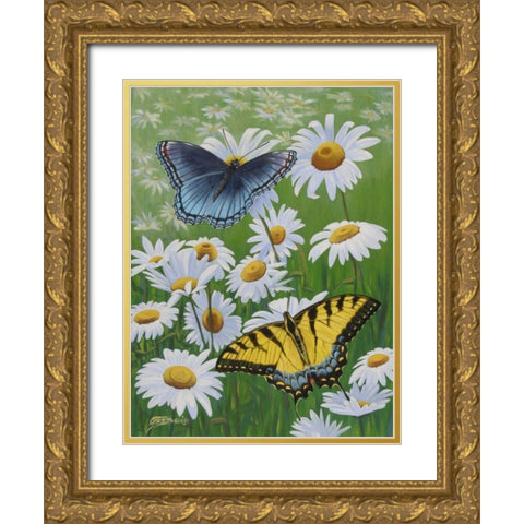 Butterflies and Daisies Gold Ornate Wood Framed Art Print with Double Matting by Szatkowski, Fred