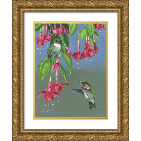 Hummers and Fuchsia Gold Ornate Wood Framed Art Print with Double Matting by Szatkowski, Fred