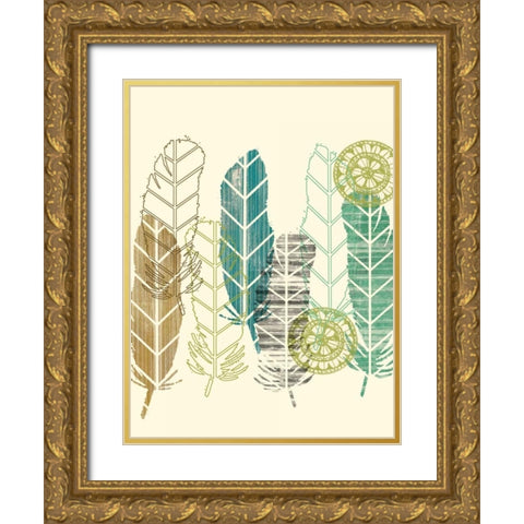 Feathers in a Row II Gold Ornate Wood Framed Art Print with Double Matting by Goldberger, Jennifer