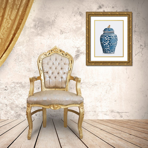Chinoiserie Vase Golden Lion Blue Gold Ornate Wood Framed Art Print with Double Matting by Fab Funky