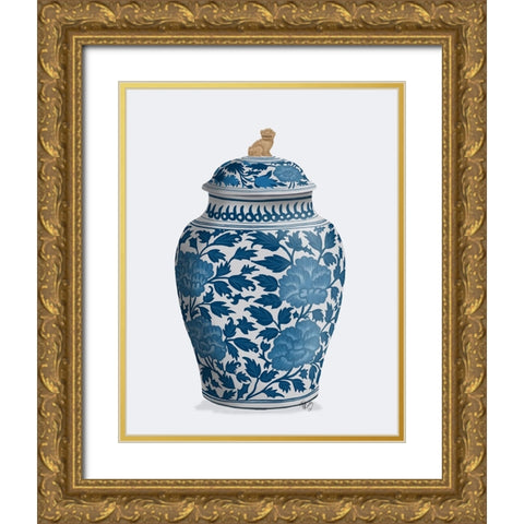 Chinoiserie Vase Golden Lion Blue Gold Ornate Wood Framed Art Print with Double Matting by Fab Funky