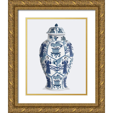 Chinoiserie Vase Leaf Picker Blue Gold Ornate Wood Framed Art Print with Double Matting by Fab Funky