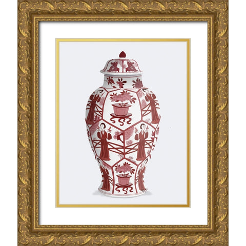 Chinoiserie Vase Leaf Picker Red Gold Ornate Wood Framed Art Print with Double Matting by Fab Funky
