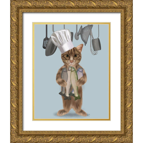 Tabby Cat Fish Chef Gold Ornate Wood Framed Art Print with Double Matting by Fab Funky