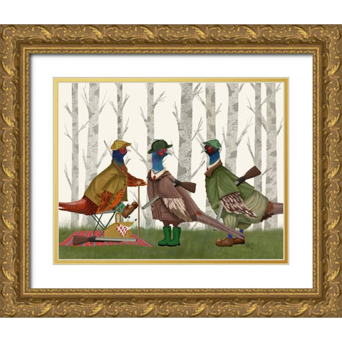 Pheasant Shooting Party Group 1 Gold Ornate Wood Framed Art Print with Double Matting by Fab Funky
