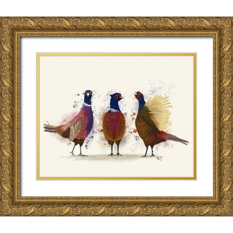 Pheasant Trio Gold Ornate Wood Framed Art Print with Double Matting by Fab Funky
