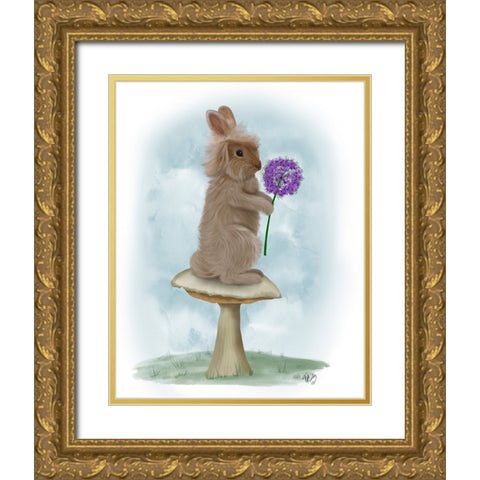 Rabbit and Agapanthus Gold Ornate Wood Framed Art Print with Double Matting by Fab Funky