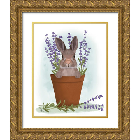 Bunny In Lavender Pot Gold Ornate Wood Framed Art Print with Double Matting by Fab Funky