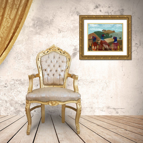 Pheasant Trio in Field Gold Ornate Wood Framed Art Print with Double Matting by Fab Funky