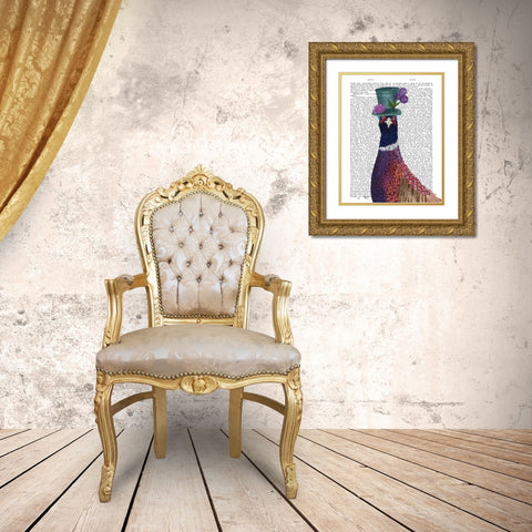 Pheasant in Blue Hat Gold Ornate Wood Framed Art Print with Double Matting by Fab Funky