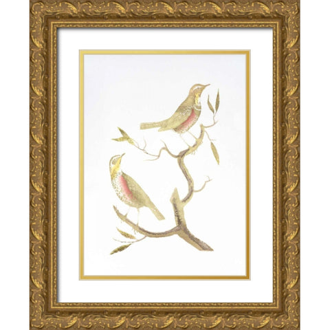 Gold Foil Birds I with Hand Color Gold Ornate Wood Framed Art Print with Double Matting by Nozeman