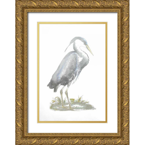 Silver Foil Heron I with Hand Color Gold Ornate Wood Framed Art Print with Double Matting by Selby, John