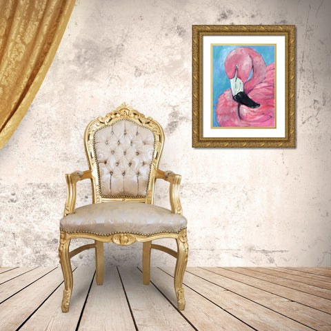 Pink Flamingo Gold Ornate Wood Framed Art Print with Double Matting by Seay, Anne