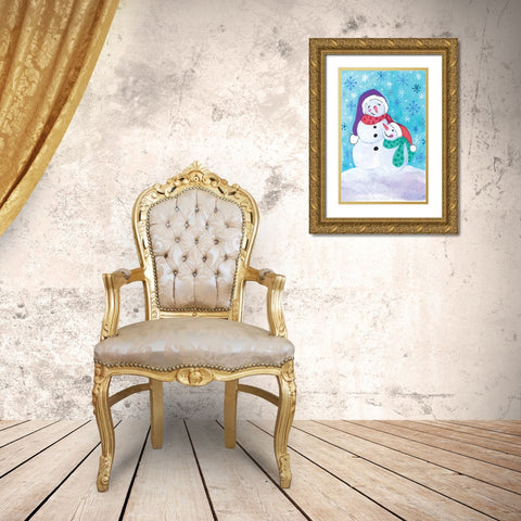 Happy Snowman and Baby Gold Ornate Wood Framed Art Print with Double Matting by Seay, Anne