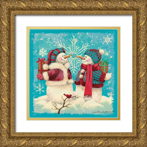 Gift Exchange - Aqua Gold Ornate Wood Framed Art Print with Double Matting by Phillips, Anita
