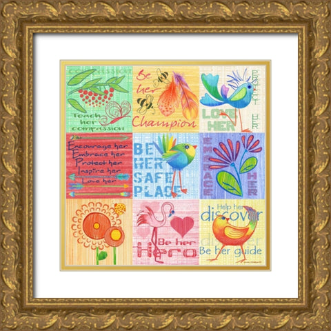 Lil Birds 9 Patch Gold Ornate Wood Framed Art Print with Double Matting by Phillips, Anita
