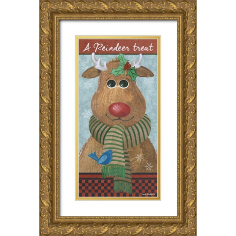 A Reindeer Treat Gold Ornate Wood Framed Art Print with Double Matting by Phillips, Anita