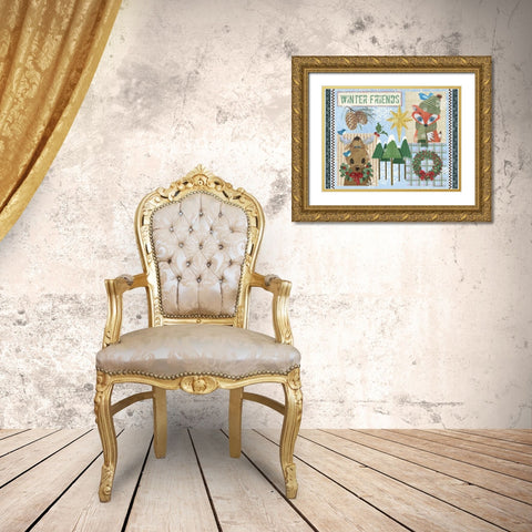 Winter Friends Blue Gold Ornate Wood Framed Art Print with Double Matting by Phillips, Anita