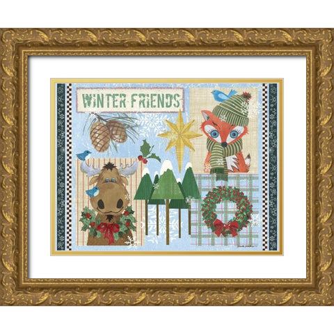 Winter Friends Blue Gold Ornate Wood Framed Art Print with Double Matting by Phillips, Anita
