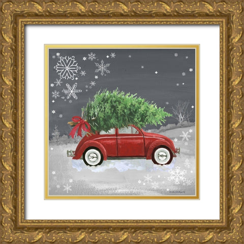 Red Car on Gray Gold Ornate Wood Framed Art Print with Double Matting by Phillips, Anita
