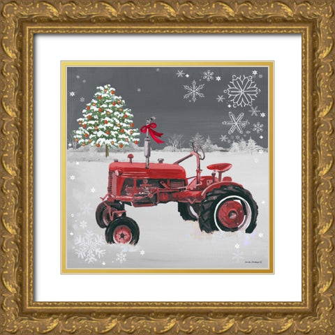 Red Tractor on Gray Gold Ornate Wood Framed Art Print with Double Matting by Phillips, Anita