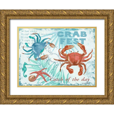 Crab Fest - Blue Gold Ornate Wood Framed Art Print with Double Matting by Phillips, Anita