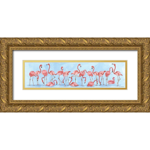 Flamingo Parade Gold Ornate Wood Framed Art Print with Double Matting by Phillips, Anita