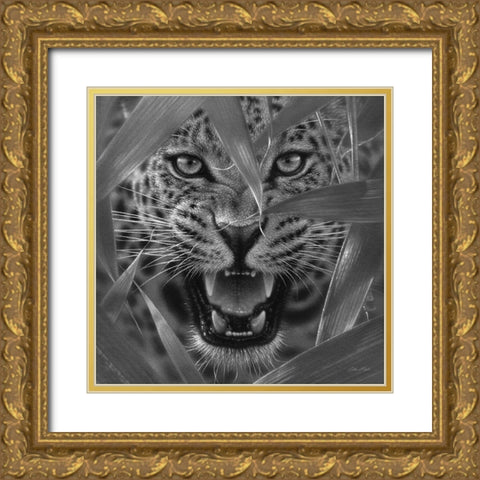 Jaguar - Ambush - BandW Gold Ornate Wood Framed Art Print with Double Matting by Bogle, Collin