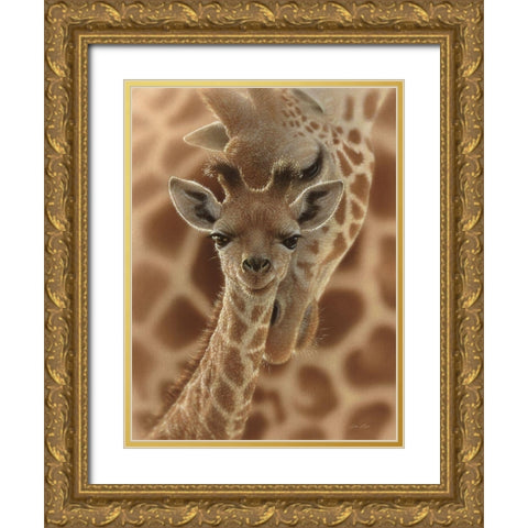 Newborn Giraffe Gold Ornate Wood Framed Art Print with Double Matting by Bogle, Collin