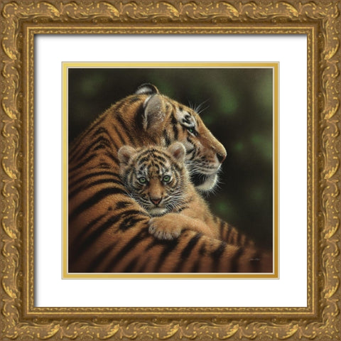 Tiger Mother and Cub - Cherished Gold Ornate Wood Framed Art Print with Double Matting by Bogle, Collin