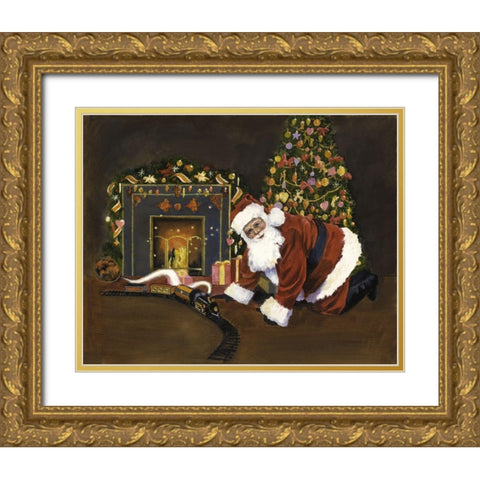 Santa Train Gold Ornate Wood Framed Art Print with Double Matting by Rideout, Candy