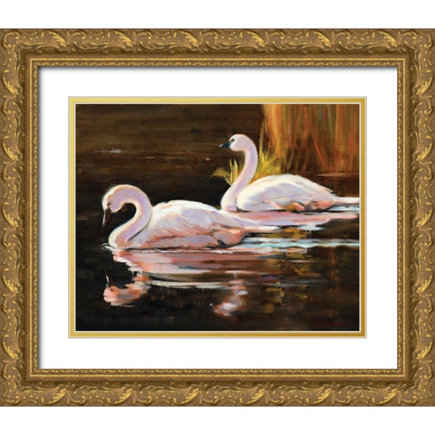 Swans Gold Ornate Wood Framed Art Print with Double Matting by Candy Rideout