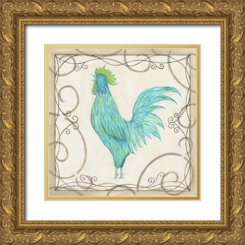 Teal Rooster II Gold Ornate Wood Framed Art Print with Double Matting by Shamp, Cindy
