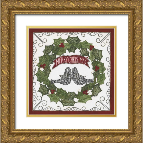 Merry Christmas Wreath Gold Ornate Wood Framed Art Print with Double Matting by Shamp, Cindy