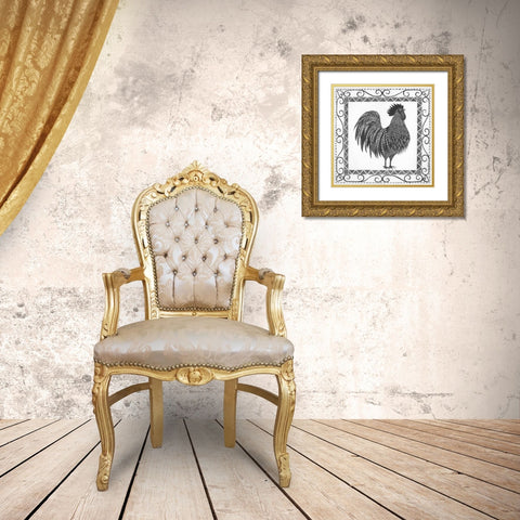 BandW Rooster Gold Ornate Wood Framed Art Print with Double Matting by Shamp, Cindy
