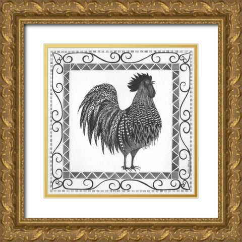 BandW Rooster Gold Ornate Wood Framed Art Print with Double Matting by Shamp, Cindy