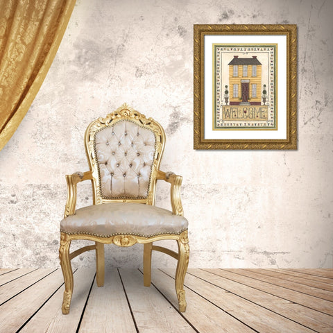 Yellow House Welcome Gold Ornate Wood Framed Art Print with Double Matting by Shamp, Cindy