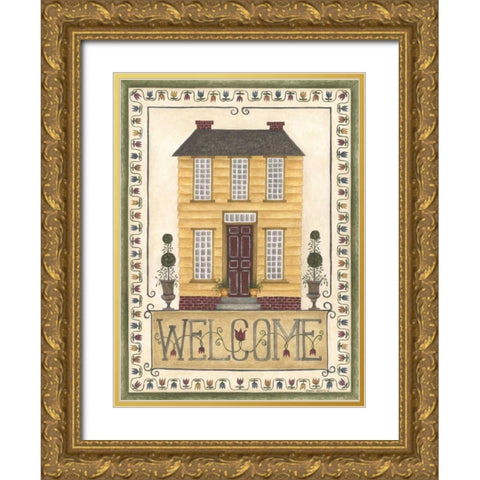Yellow House Welcome Gold Ornate Wood Framed Art Print with Double Matting by Shamp, Cindy