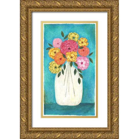 Bright Flowers - Teal Background II Gold Ornate Wood Framed Art Print with Double Matting by Shamp, Cindy