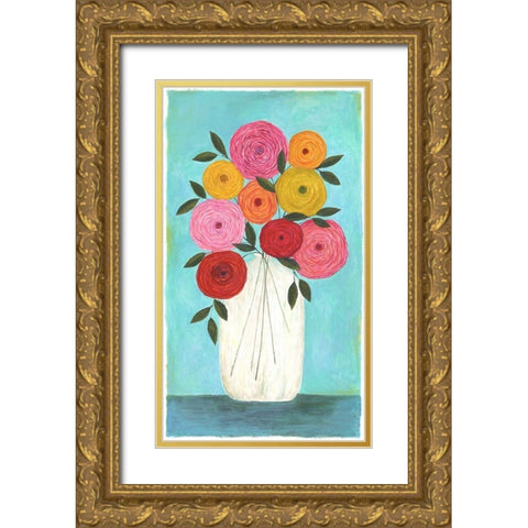 Bright Flowers - Teal Background I Gold Ornate Wood Framed Art Print with Double Matting by Shamp, Cindy