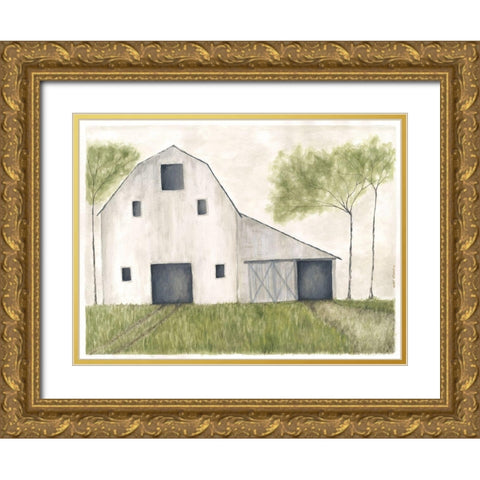 White Barn II Gold Ornate Wood Framed Art Print with Double Matting by Shamp, Cindy