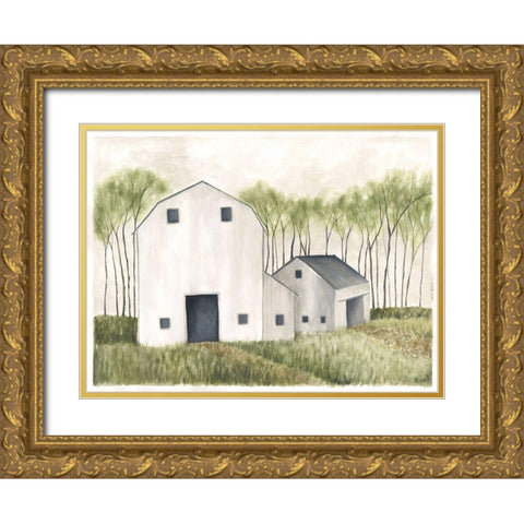 White Barn III Gold Ornate Wood Framed Art Print with Double Matting by Shamp, Cindy