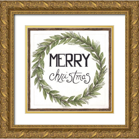 Merry Christmas Wreath Gold Ornate Wood Framed Art Print with Double Matting by Shamp, Cindy