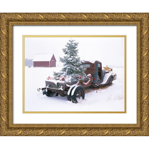Christmas Truck Gold Ornate Wood Framed Art Print with Double Matting by Frates, Dennis