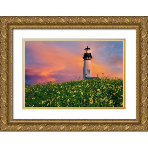 Lighthouse Gold Ornate Wood Framed Art Print with Double Matting by Frates, Dennis