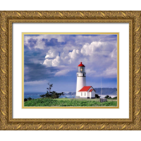 Red Roof Lighthouse Gold Ornate Wood Framed Art Print with Double Matting by Frates, Dennis