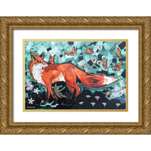 Fox and Monarchs Gold Ornate Wood Framed Art Print with Double Matting by Ihde, McKenna