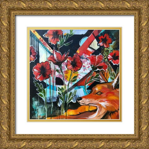 Fox and Poppies Gold Ornate Wood Framed Art Print with Double Matting by Ihde, McKenna