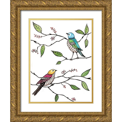 Whimsical Birds Gold Ornate Wood Framed Art Print with Double Matting by Tyndall, Elizabeth